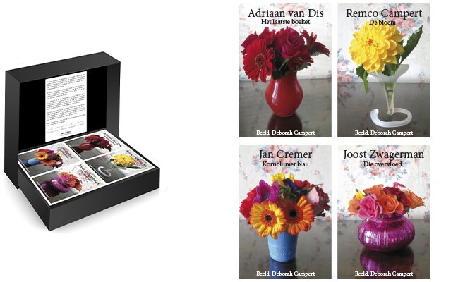 Vier literaire miniatuurboeken van Adriaan van Dis, Remco Campert, Jan Cremer en Joost Zwagerman, met bloemfotografie van Deborah Campert.