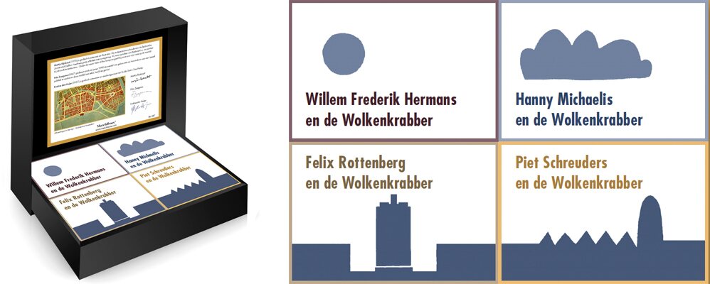De Amsterdamse Gebouwenserie over de Wolkenkrabber met vier MatchBoox-miniatuurboeken van Willem Frederik Hermans, Hanny Michaelis, Felix Rottenberg en Piet Schreuders.