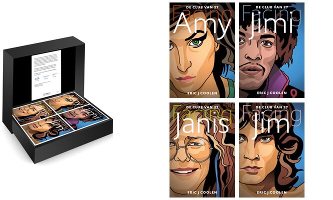 Vier geïllustreerde MatchBoox-miniatuurboeken over Amy Winehouse, Jimi Hendrix, Janis Joplin en Jim Morrison uit De Club van 27 van Eric J. Coolen.