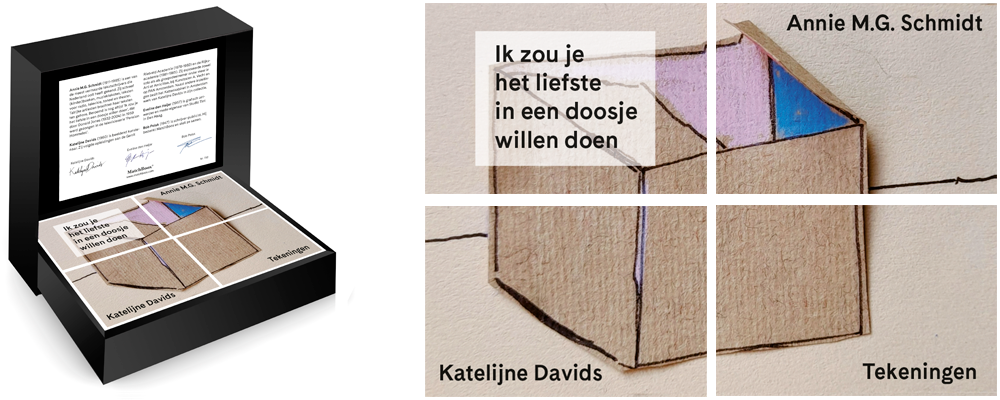 Geschenkdoos met vier miniatuurboekjes van Ik zou je het liefste in een doosje willen doen van Annie M.G. Schmidt, met tekeningen van Katelijne Davids.