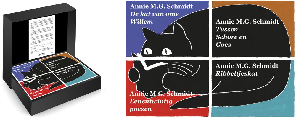 Vier MatchBoox-miniatuurboeken over katten van Annie M.G. Schmidt, waaronder De kat van ome Willem, Tussen Schore en Goes, Eenentwintig poezen en Ribbeltjeskat.