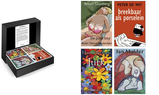 Luxe geschenkdoos met vier kleurrijke miniatuurboeken van Arnon Grunberg, Peter de Wit, Hanneke Bervoets en Jan Mulder.