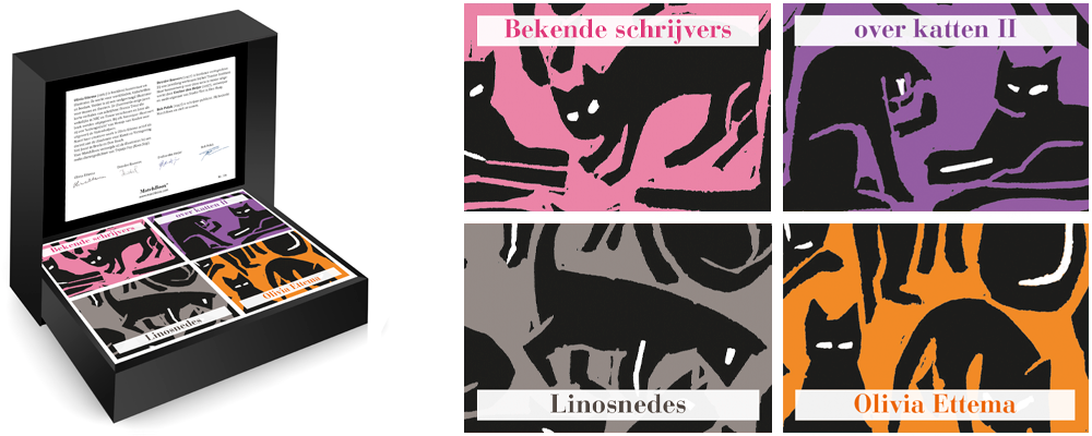 Vier miniatuurboeken uit Bekende schrijvers over katten II, vormgegeven met roze, paarse, grijze en oranje linosneden van Olivia Ettema.