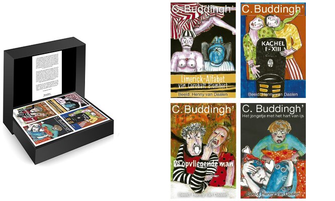 Vier miniatuurboeken met poëzie van C. Buddingh’, geïllustreerd door Henny van Daalen, in een luxe geschenkdoos.