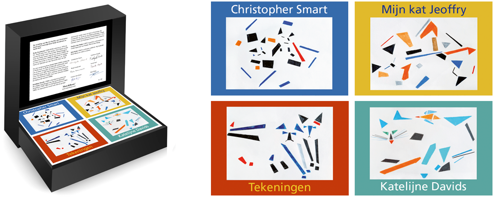 Geschenkdoos met vier miniatuurboeken rond Mijn kat Jeoffry van Christopher Smart, met abstracte tekeningen van Katelijne Davids.