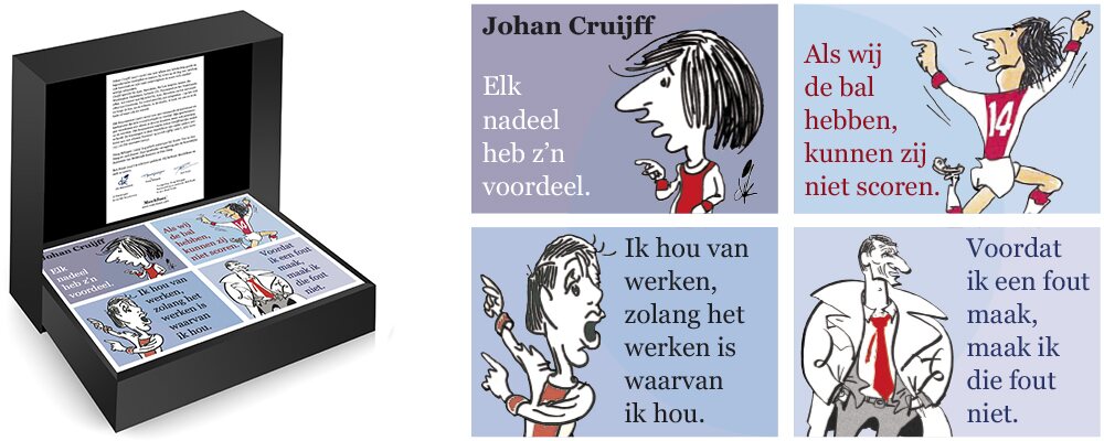 Vier geïllustreerde miniatuurboeken met bekende voetbaluitspraken van Johan Cruijff, gepresenteerd in een luxe geschenkdoos.