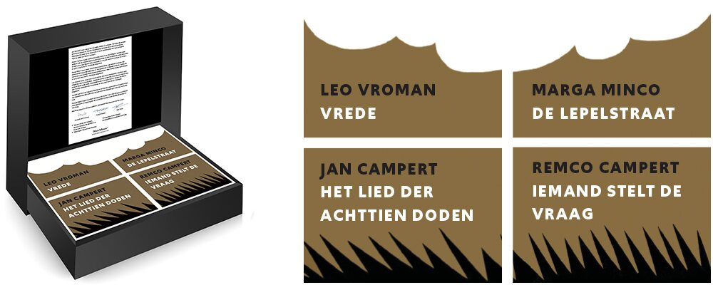 Vier MatchBoox-miniatuurboeken over oorlog en vrede met werk van Leo Vroman, Marga Minco, Jan Campert en Remco Campert.