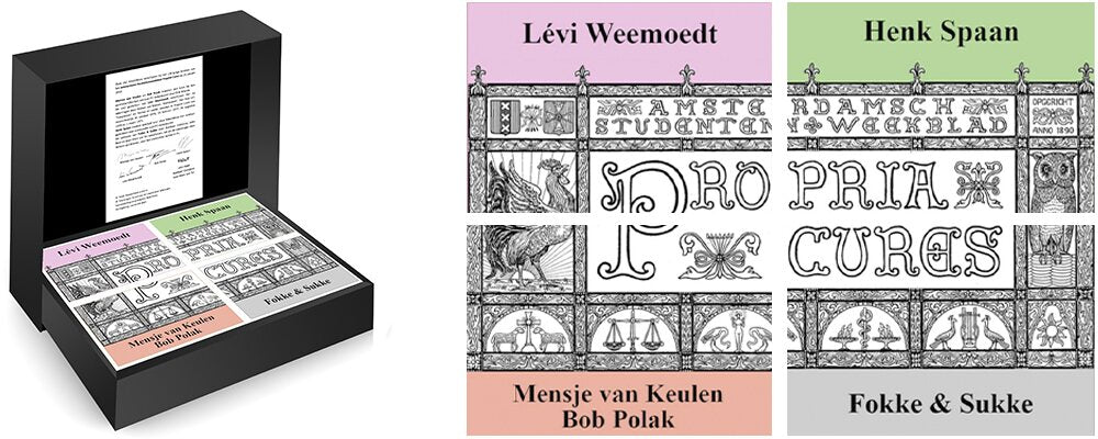 Vier humoristische MatchBoox-miniatuurboeken rond Propria Cures met Lévi Weemoedt, Henk Spaan, Mensje van Keulen, Bob Polak en Fokke & Sukke.