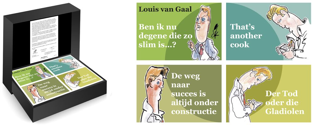 Vier humoristisch geïllustreerde miniatuurboeken met kenmerkende voetbaluitspraken van Louis van Gaal in een geschenkdoos.
