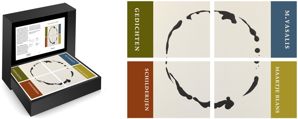 Vier poëzieboekjes met gedichten van M. Vasalis en een doorlopende abstracte illustratie van Maartje Blans, gepresenteerd in een geschenkdoos.