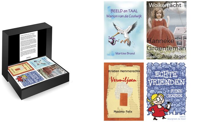 Geschenkdoos met vier geïllustreerde kinderboeken van Marion van de Coolwijk, Hanneke Groenteman, Kristien Hemmerechts en Stine Jensen.