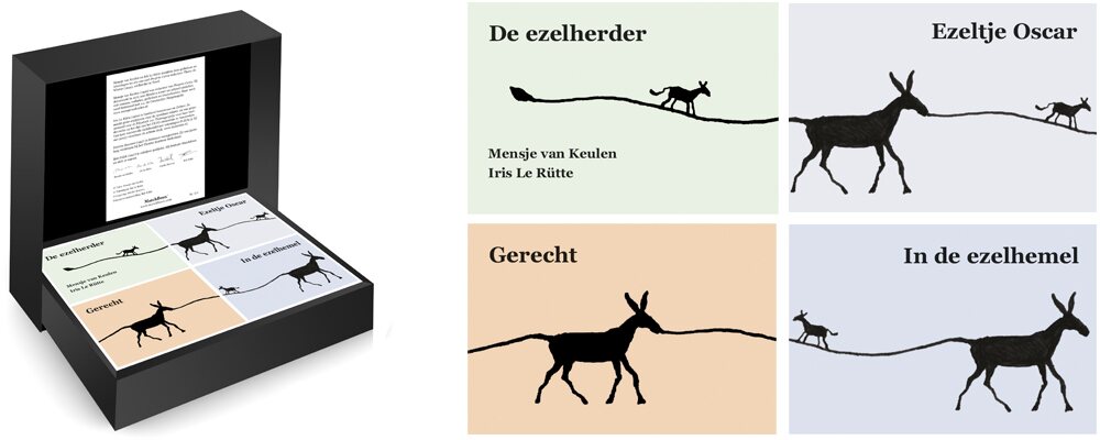 Luxe geschenkdoos met vier miniatuurboeken over ezels van Mensje van Keulen, voorzien van karakteristieke illustraties door Iris Le Rütte.