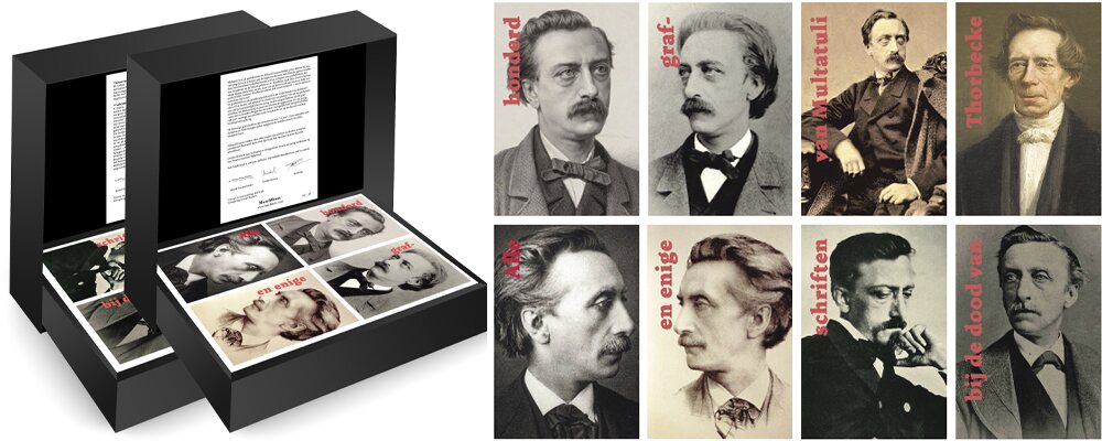Twee luxe geschenkdozen met acht literaire miniatuurboeken over het leven, werk en de tijdgenoten van Multatuli, geïllustreerd met historische portretten.