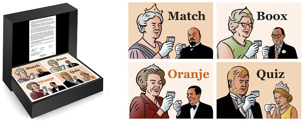 Luxe geschenkdoos met vier geïllustreerde miniatuurboeken die samen een quiz over het Nederlandse koningshuis vormen.
