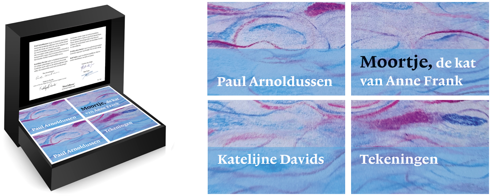 Geschenkdoos met Moortje, de kat van Anne Frank van Paul Arnoldussen, bestaande uit vier miniatuurboeken met tekeningen van Katelijne Davids.