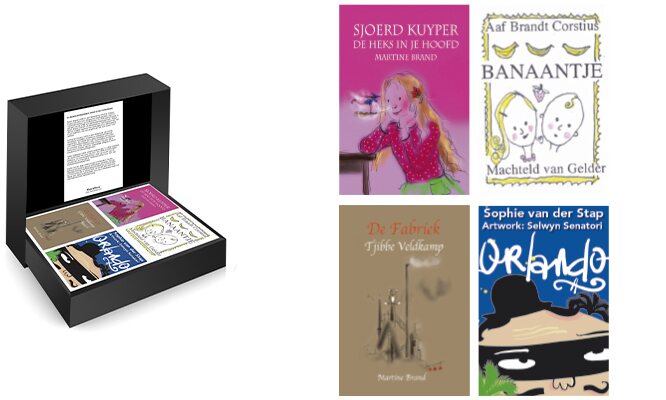 Vier MatchBoox-kinderboeken van Sjoerd Kuyper, Aaf Brandt Corstius, Tjibbe Veldkamp en Sophie van der Stap in een luxe geschenkdoos.