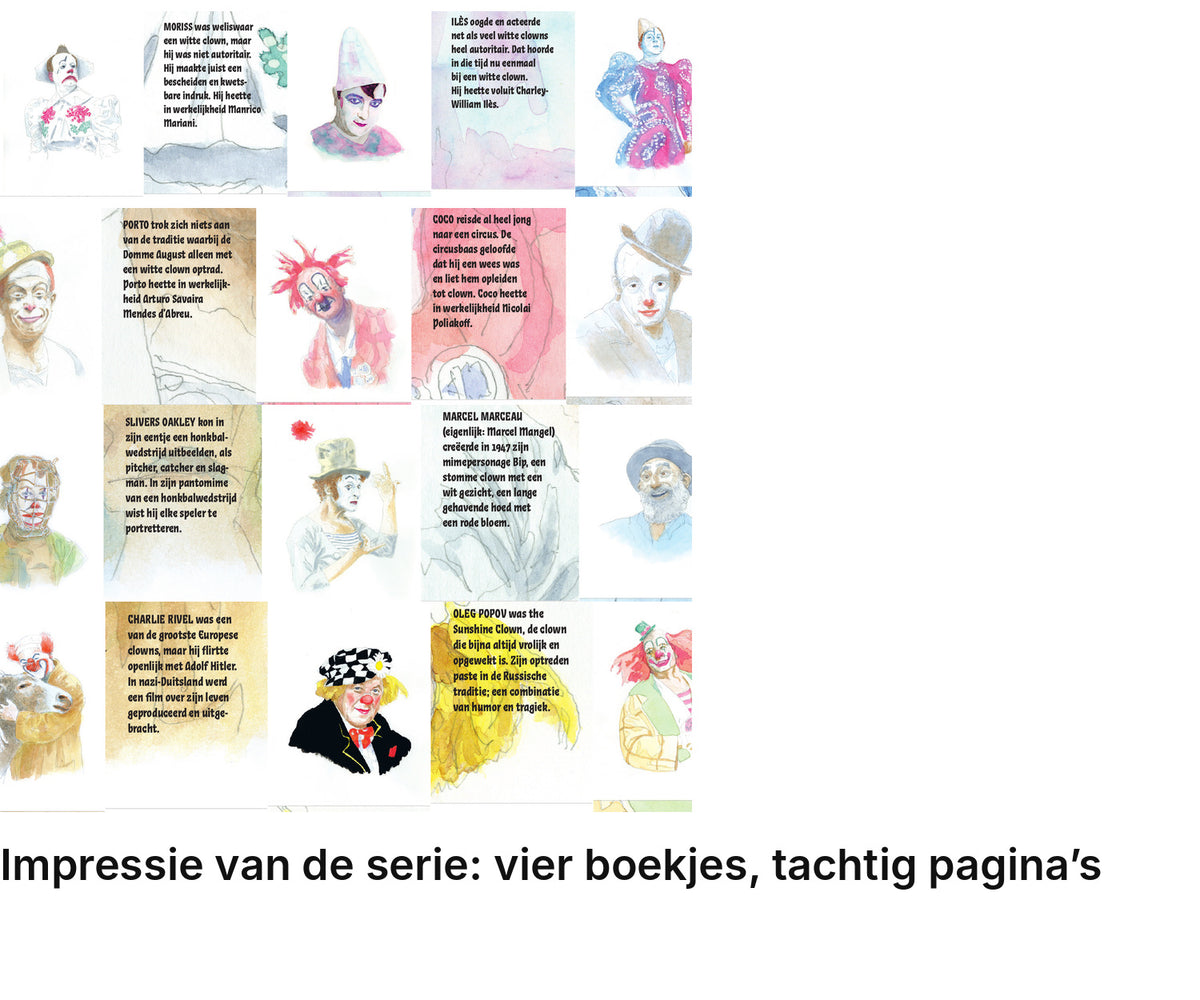 Impressie pagina’s serie miniatuurboekjes Beroemde Clowns Serie – MatchBoox