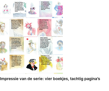 Impressie pagina’s serie miniatuurboekjes Beroemde Clowns Serie – MatchBoox