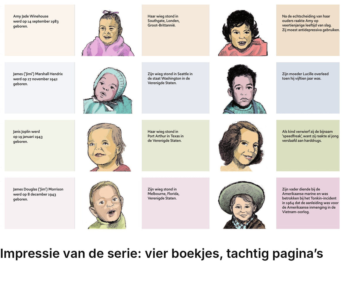 Impressie pagina’s serie miniatuurboekjes De Club van 27 Serie – Amy, Jimi, Janis en Jim – MatchBoox