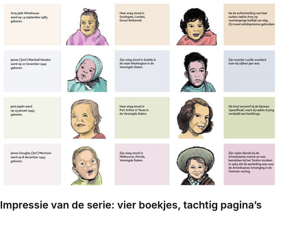 Impressie pagina’s serie miniatuurboekjes De Club van 27 Serie – Amy, Jimi, Janis en Jim – MatchBoox