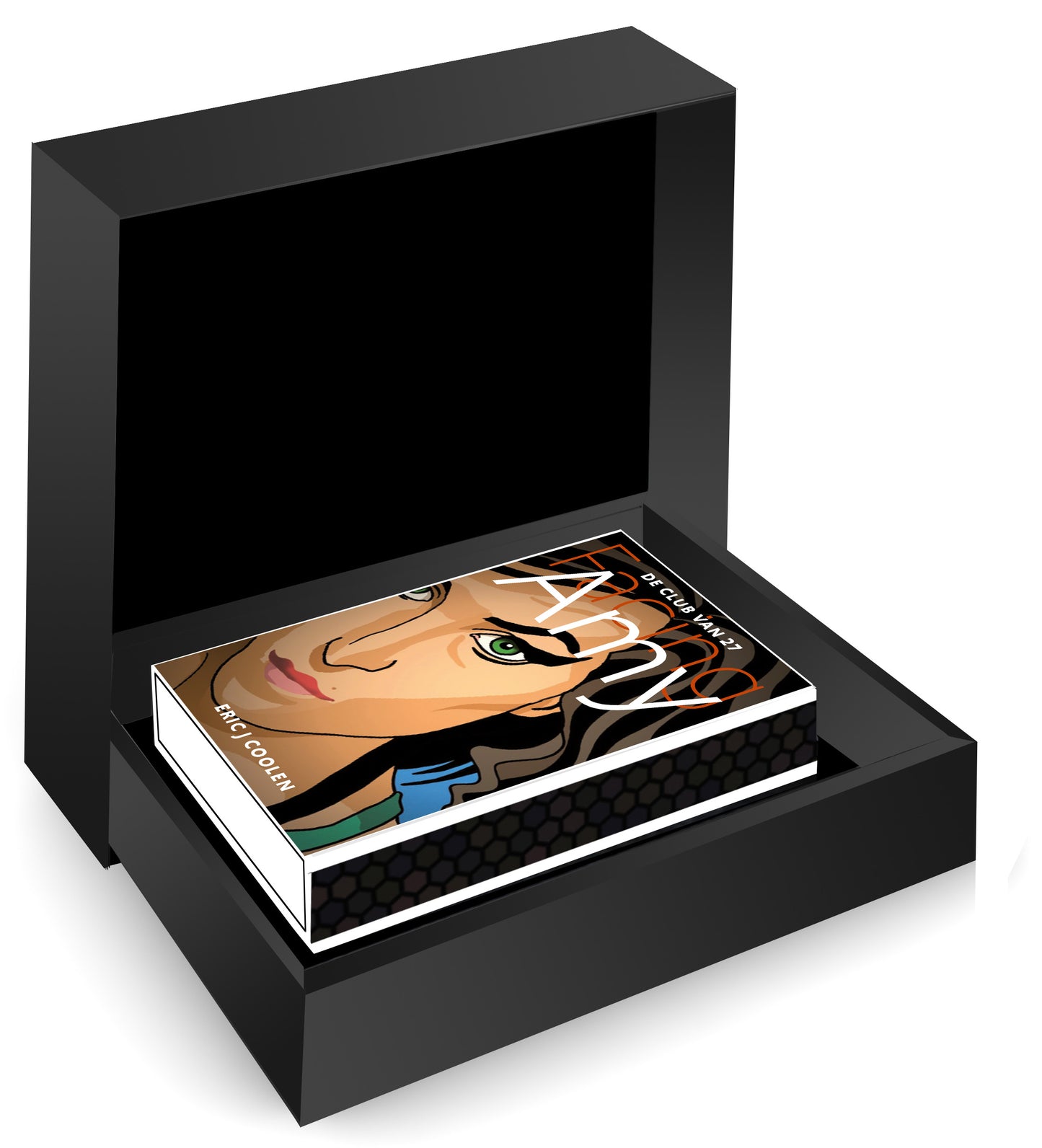 Open zwarte MatchBoox-geschenkdoos met het Amy Winehouse-miniatuurboek uit De Club van 27. – MatchBoox productafbeelding