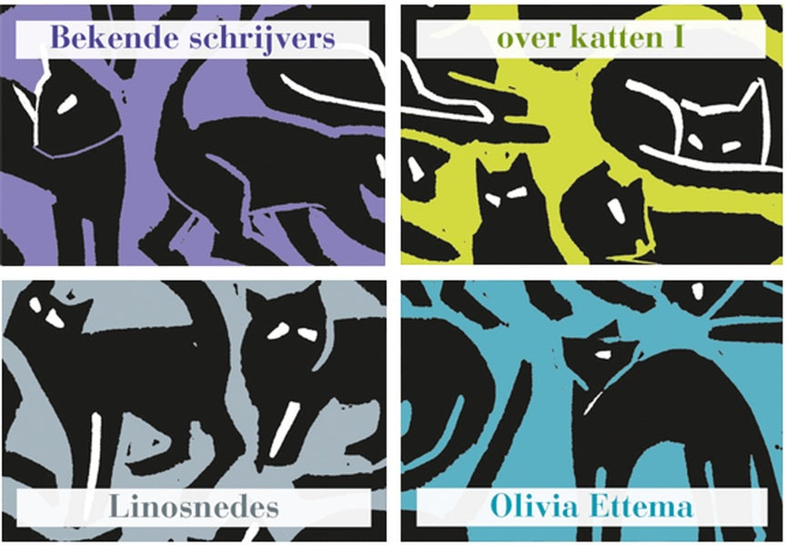 Cover van Bekende schrijvers over katten Serie 1 met linosnedes van Olivia Ettema, vier miniatuurboeken van MatchBoox. – MatchBoox productafbeelding
