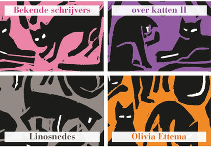 Cover van Bekende schrijvers over katten Serie 2 met linosnedes van Olivia Ettema, vier miniatuurboeken van MatchBoox.