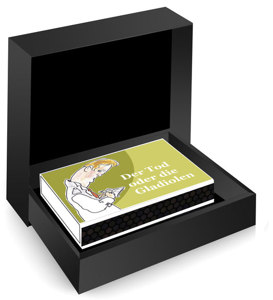 Inkijkpagina uit Dik Bruynesteyn tekeningen – Der Tod oder die Gladiolen, met tekst en originele illustraties – MatchBoox miniatuurboek