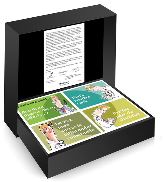 Inkijkpagina uit Dik Bruynesteyn tekeningen – Louis van Gaal Serie, met tekst en originele illustraties – MatchBoox miniatuurboek