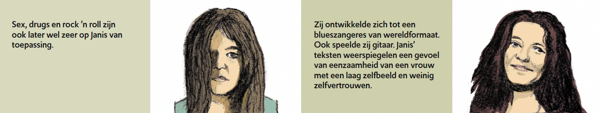 Inkijkpagina uit Eric J. Coolen portretten – Janis Joplin – De Club van 27, met tekst en originele illustraties – MatchBoox productafbeelding