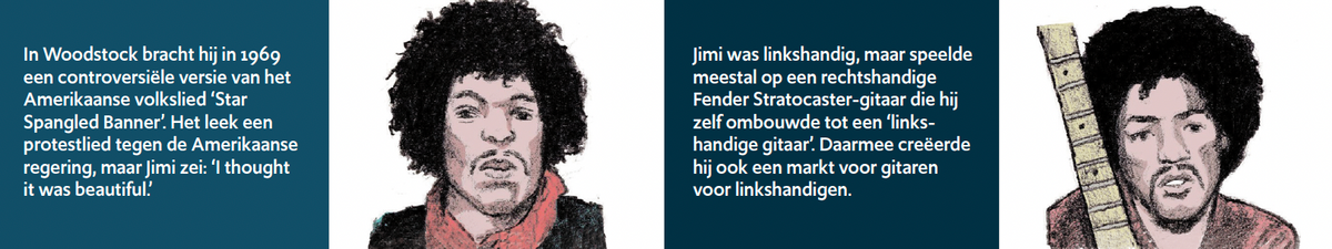 Inkijkpagina uit Eric J. Coolen portretten – Jimi Hendrix – De Club van 27, met tekst en originele illustraties – MatchBoox productafbeelding