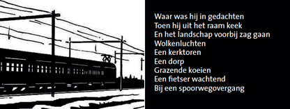 Inkijkpagina uit Eric J. Coolen illustraties – Hoe valt een schrijver uit de trein, met tekst en originele illustraties