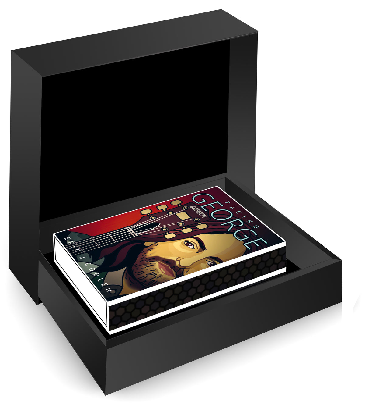 Open zwarte MatchBoox-geschenkdoos met het George Harrison-miniatuurboek uit The Fab Four. – MatchBoox productafbeelding
