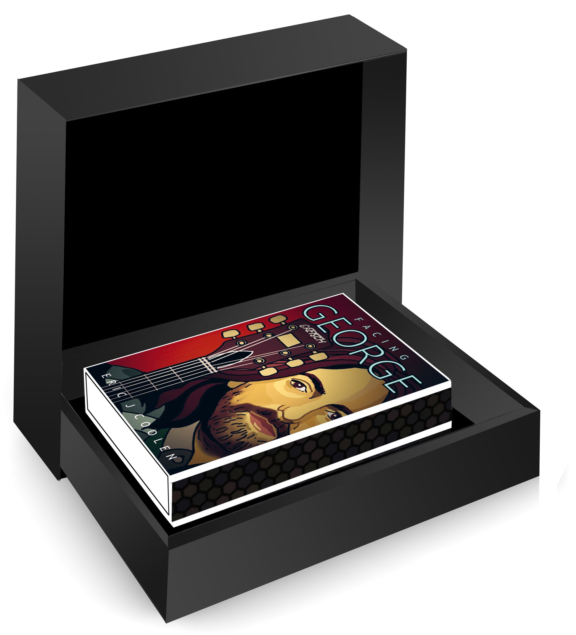 Open zwarte MatchBoox-geschenkdoos met het George Harrison-miniatuurboek uit The Fab Four. – MatchBoox productafbeelding 2