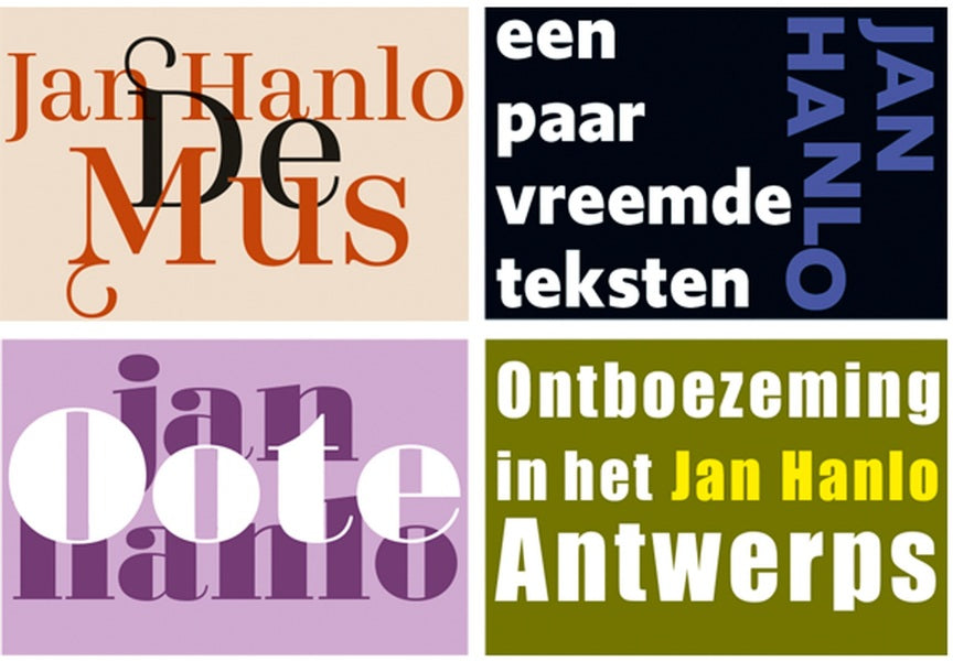 Cover van de Jan Hanlo Serie met typografie van Huug Schipper, vier uitvouwbare miniatuurboeken van MatchBoox. – MatchBoox productafbeelding