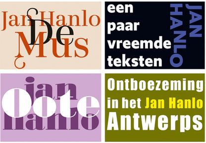 Cover van de Jan Hanlo Serie met typografie van Huug Schipper, vier uitvouwbare miniatuurboeken van MatchBoox.