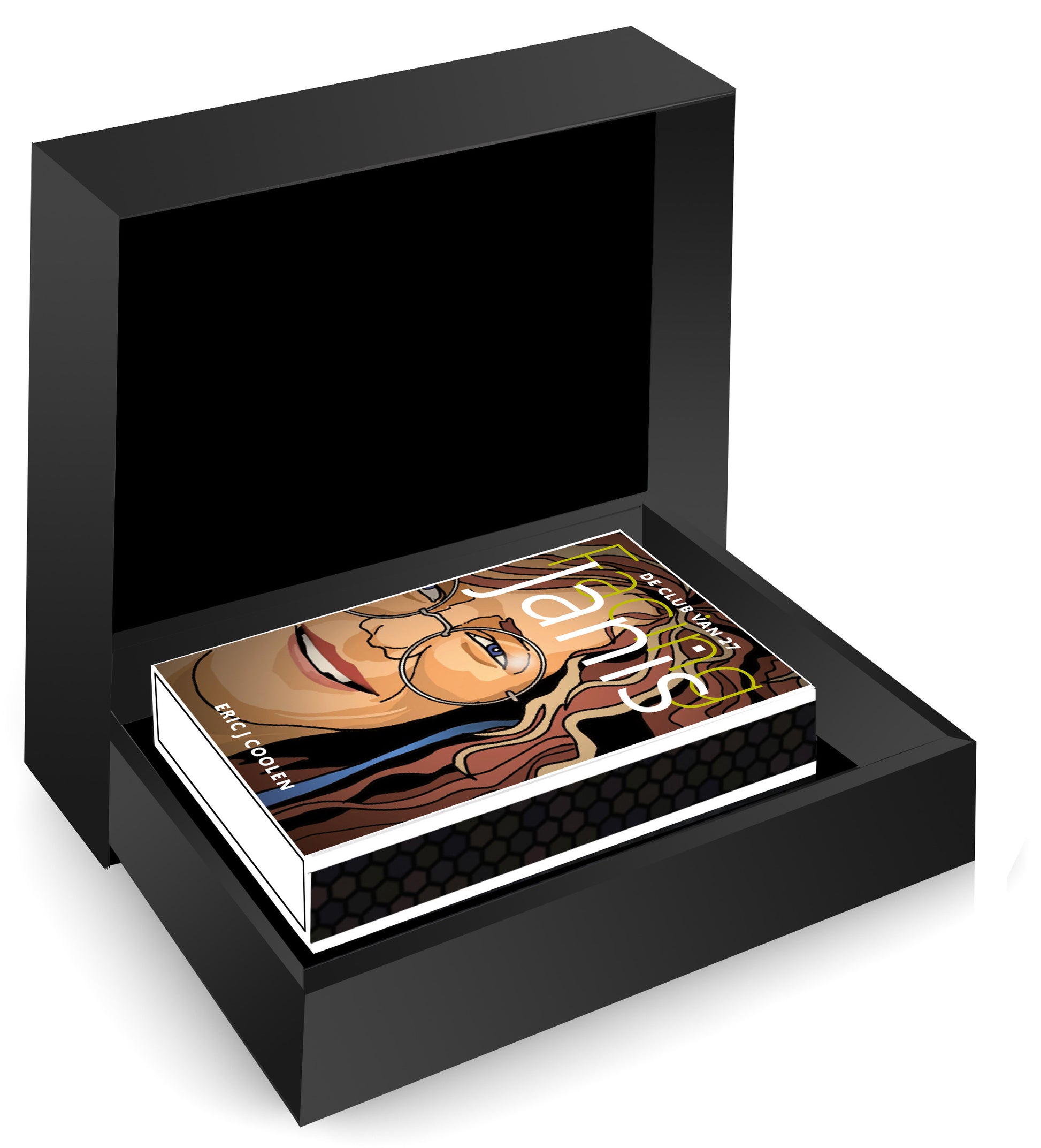 Open zwarte MatchBoox-geschenkdoos met het Janis Joplin-miniatuurboek uit De Club van 27. – MatchBoox productafbeelding 2