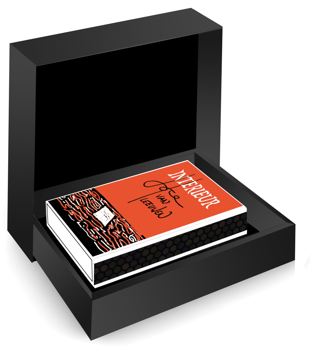 Open zwarte MatchBoox-geschenkdoos met het miniatuurboek Interieur van Joke van Leeuwen. – MatchBoox productafbeelding 2