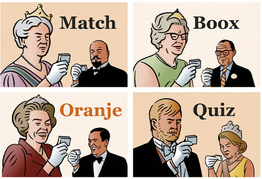 Cover van Lang leve ons Oranjehuis met illustraties van Erik Varekamp, vier uitvouwbare miniatuurboeken van MatchBoox. – MatchBoox productafbeelding