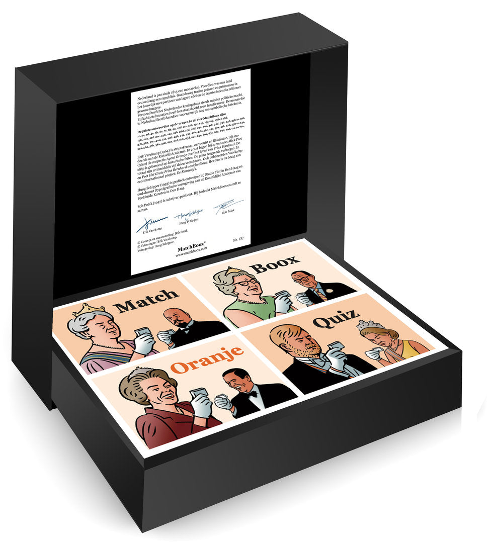 Erik Varekamp illustraties – Lang Leve Ons Oranjehuis in een luxe zwarte MatchBoox-cassette – MatchBoox productafbeelding