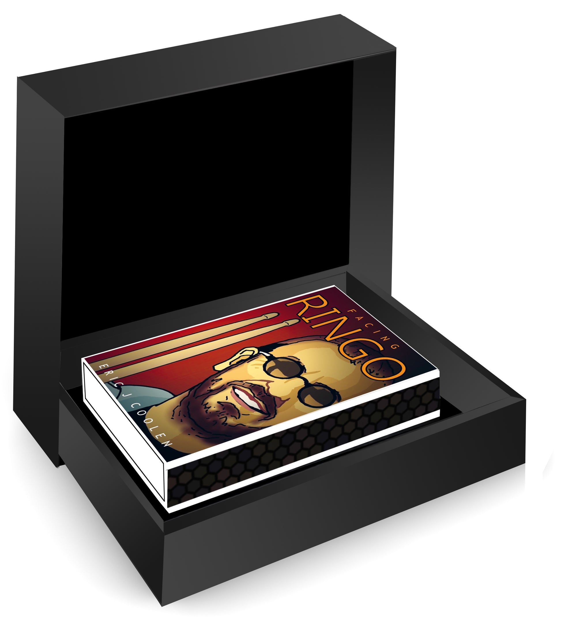 Open zwarte MatchBoox-geschenkdoos met het Ringo Starr-miniatuurboek uit The Fab Four. – MatchBoox productafbeelding 2