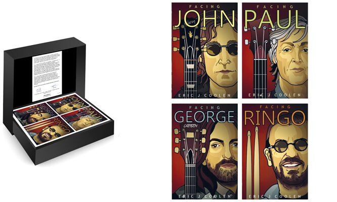 Vier MatchBoox-miniatuurboeken over John Lennon, Paul McCartney, George Harrison en Ringo Starr van The Beatles, geïllustreerd door Eric J. Coolen.