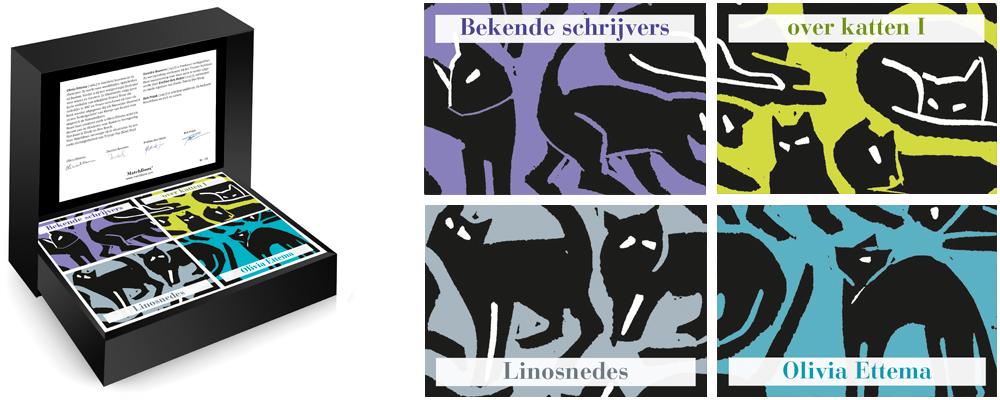 Geschenkdoos Bekende schrijvers over katten I met vier miniatuurboeken en kleurrijke linosneden van katten door Olivia Ettema.