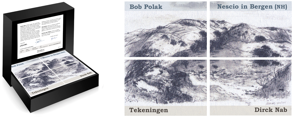 Luxe geschenkdoos met Nescio in Bergen van Bob Polak, bestaande uit vier literaire miniatuurboeken met landschapstekeningen van Dirck Nab.