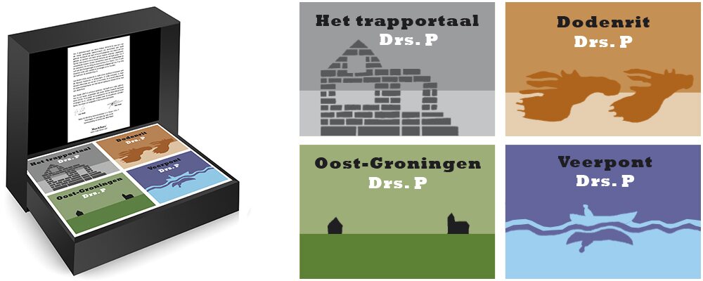 Luxe geschenkdoos met vier kleurrijk vormgegeven miniatuurboeken met gedichten en light verse van Drs. P.