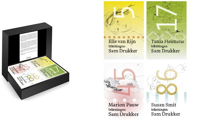 Vier literaire MatchBoox-miniatuurboeken van Elle van Rijn, Tania Heimans, Marion Pauw en Susan Smit, voorzien van tekeningen door kunstenaar Sam Drukker.