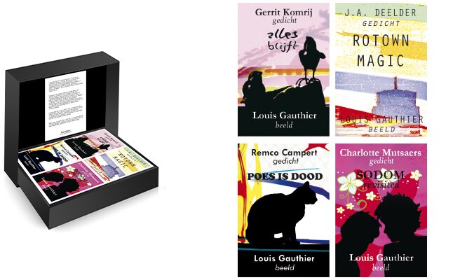 Poëzie van Gerrit Komrij, Jules Deelder, Remco Campert en Charlotte Mutsaers in vier kleurrijke MatchBoox-miniatuurboeken met beelden van Louis Gauthier.