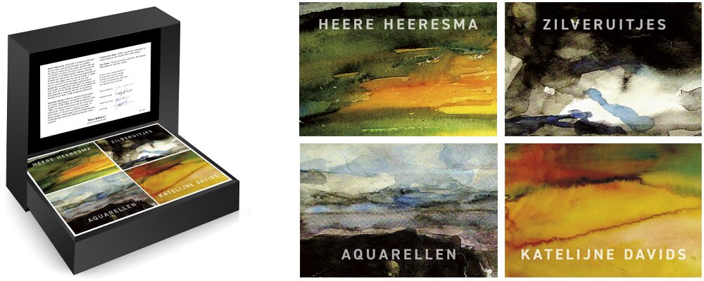 Vier literaire miniatuurboeken met werk van Heere Heeresma en sfeervolle aquarellen van Katelijne Davids in een geschenkdoos.