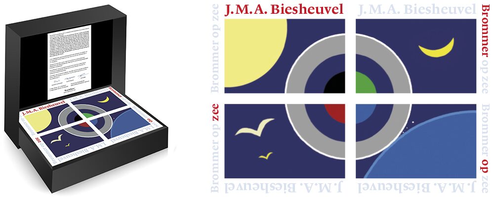 Luxe geschenkdoos met vier samenhangend vormgegeven miniatuurboeken van Brommer op zee van J.M.A. Biesheuvel.
