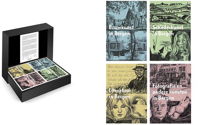 Vier MatchBoox-miniatuurboeken over bouwkunst, schilderkunst, literatuur, fotografie en andere kunsten in het Noord-Hollandse Bergen.